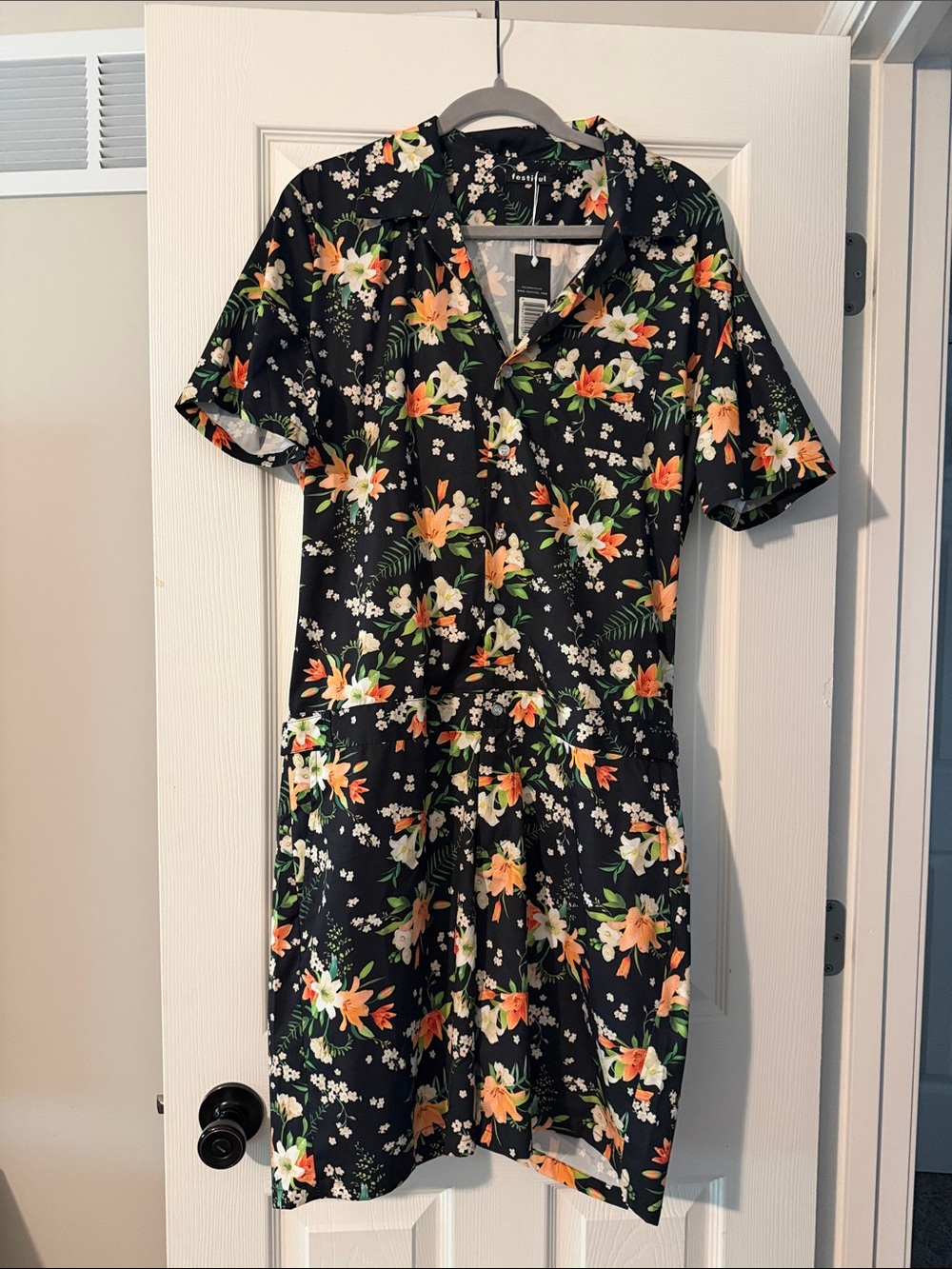NWT Floral Short-Sleeve Black Mens romper with Orange & White Blooms